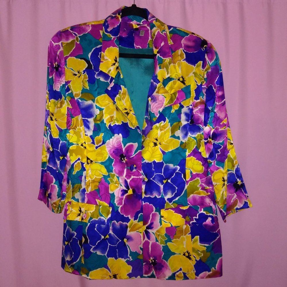 Vintage 80s Pure Silk Floral Blazer M 1980s plus Free 1980s Monet Earrings